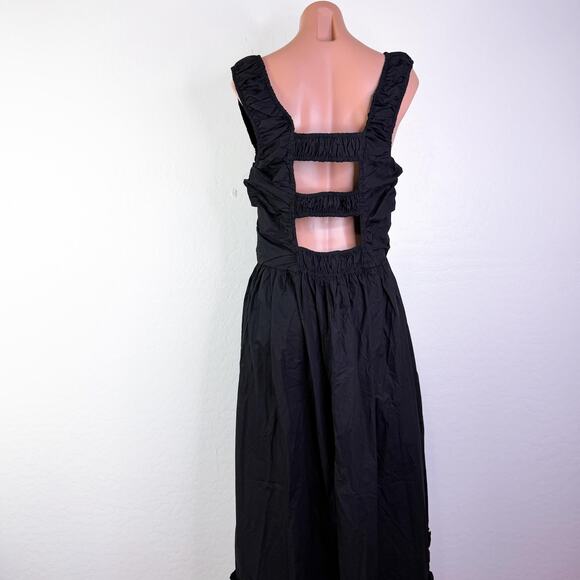 Ganni Back Cutout Cotton Poplin Basque Whimsigoth Grunge Midi Dress Black sz 14 - Picture 7 of 13